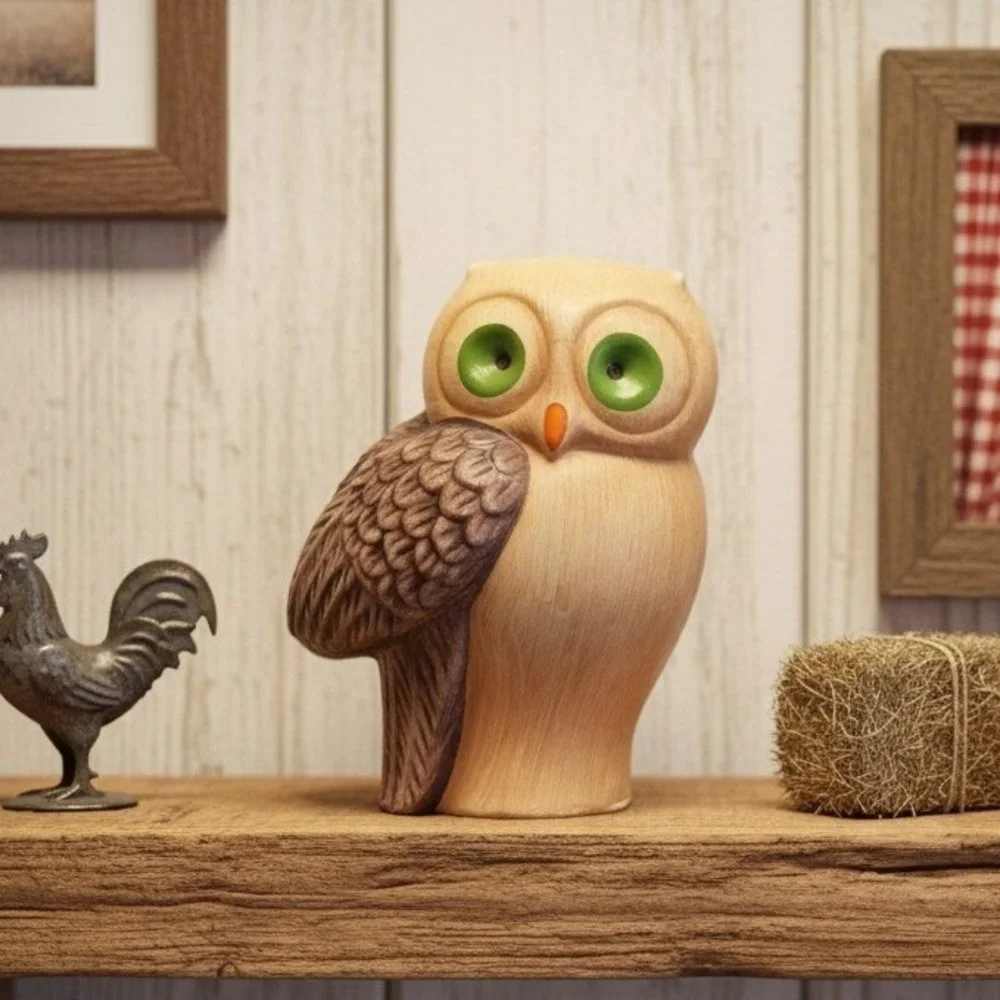 Owl Figurine‎ with Green Eyes, Vintage Ceramic Owl, Made in Portugal, Vtg Decor